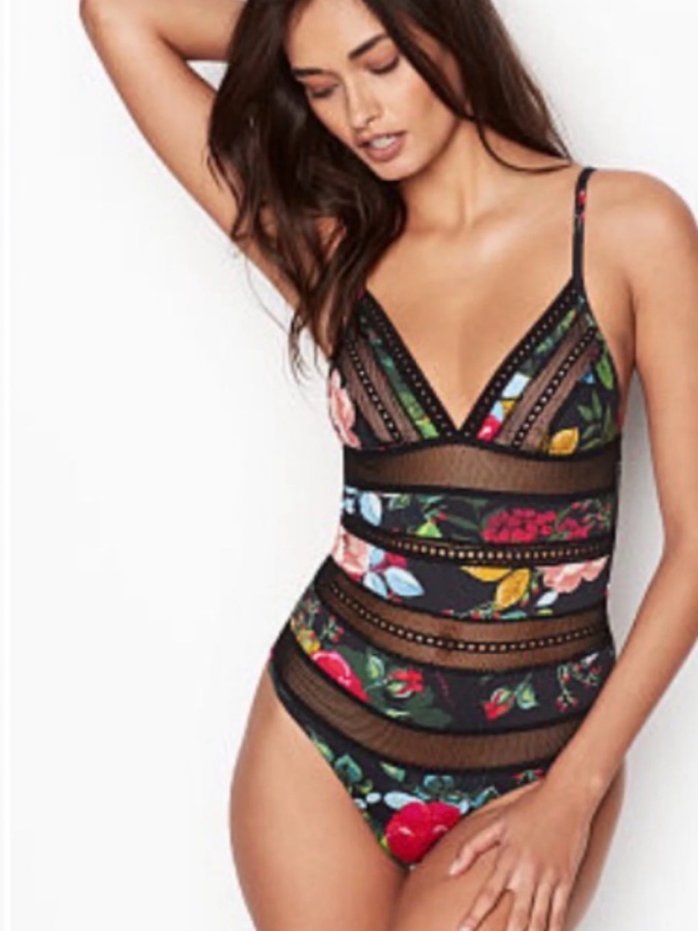 Floral Mesh One-Piece Swimsuit - Black with Multicolor Floral